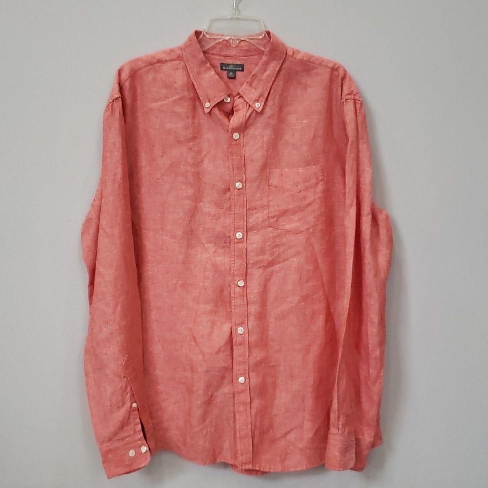 LL Bean Signature Shirt Men's 100% Linen Long Sleeve Red Heathered Button Down